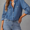 Lapel Single-Breasted Long-Sleeved Denim Shirt: DarkBlue