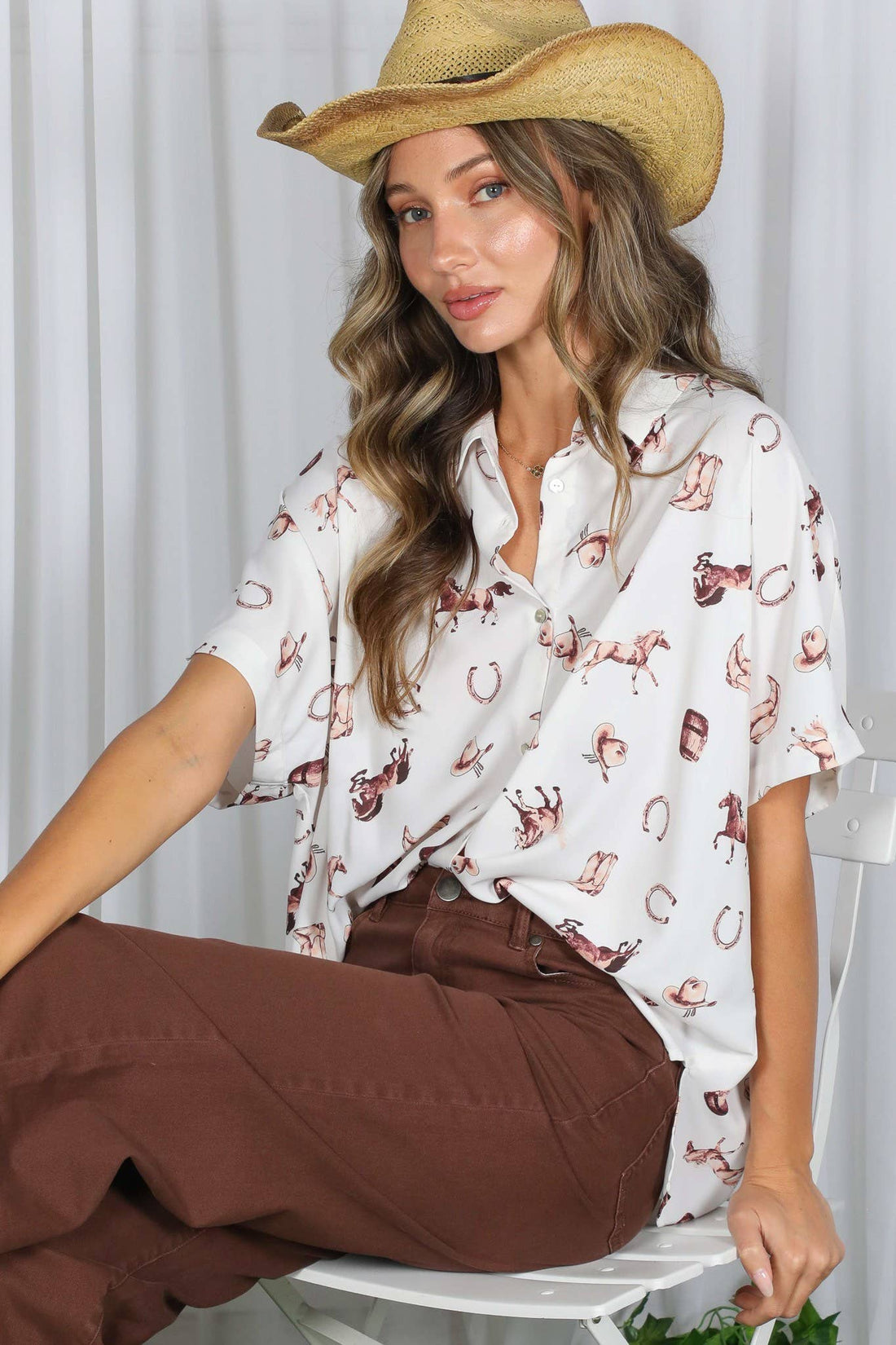 Western-Inspired Collared Button Front Shirt Top Cream/Brown