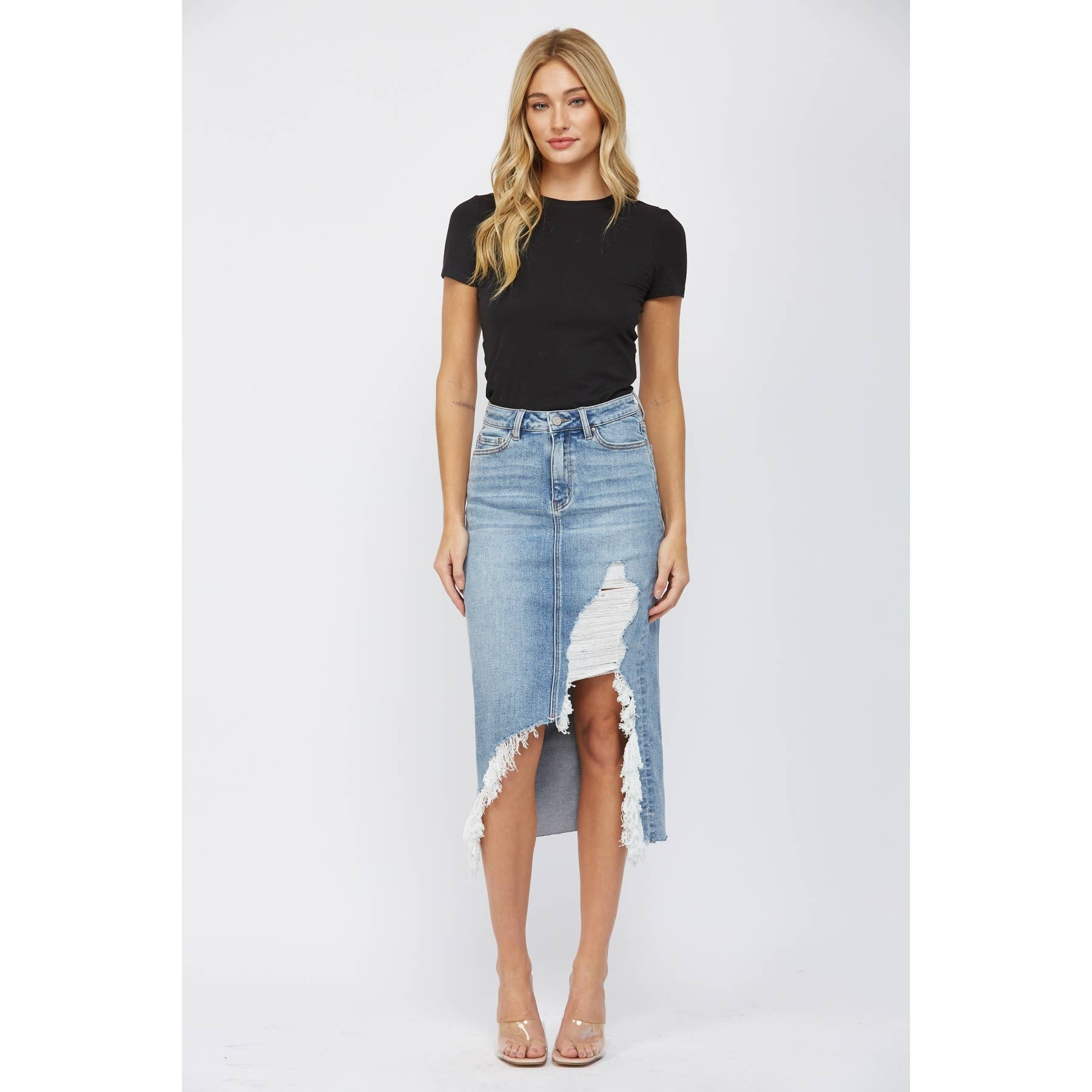High Wasted Distressed Midi Skirt: Wild Blue