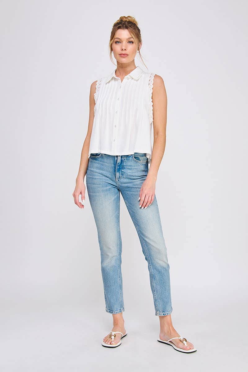 Soft Linen Pintuck Sleeveless Collared Shirt : Natural