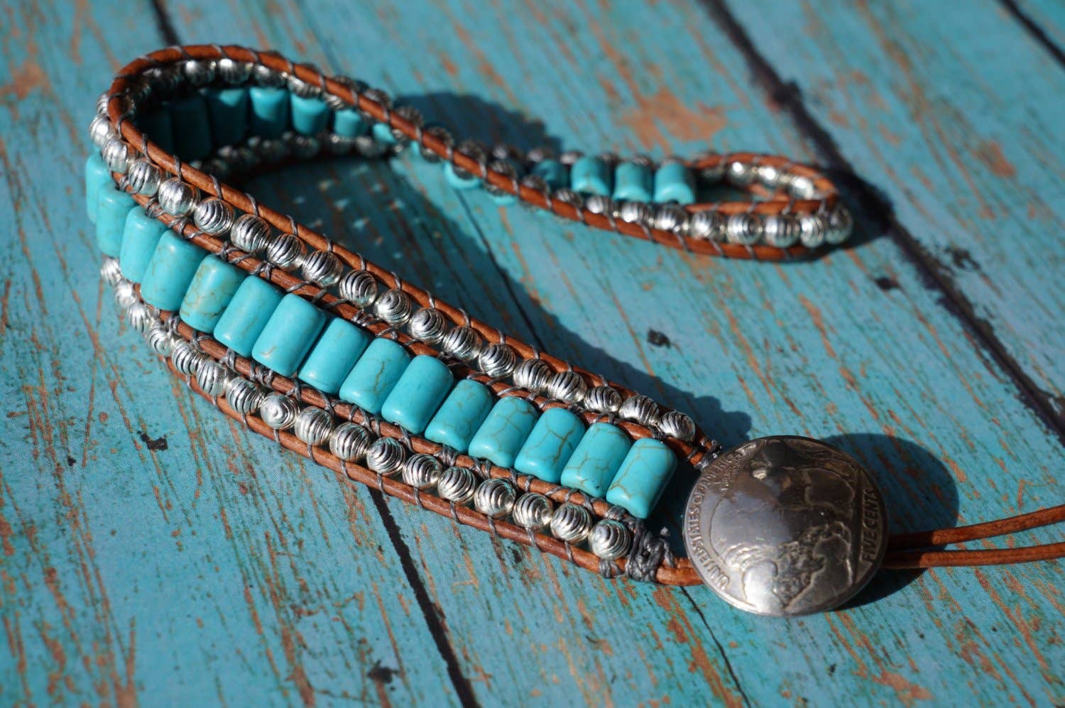 Turquoise And Leather Cuff Bracelet, Western Jewelry