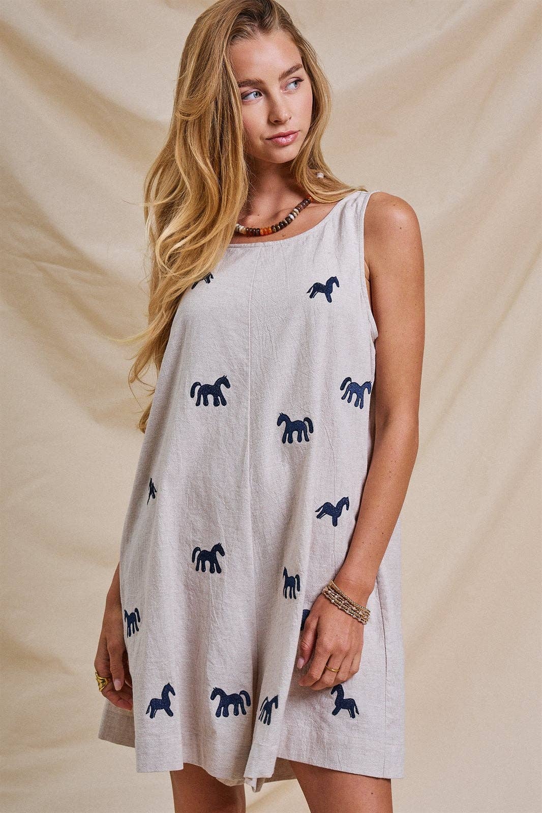Embroidered Pony Cotton Linen Sleeveless Romper Linen