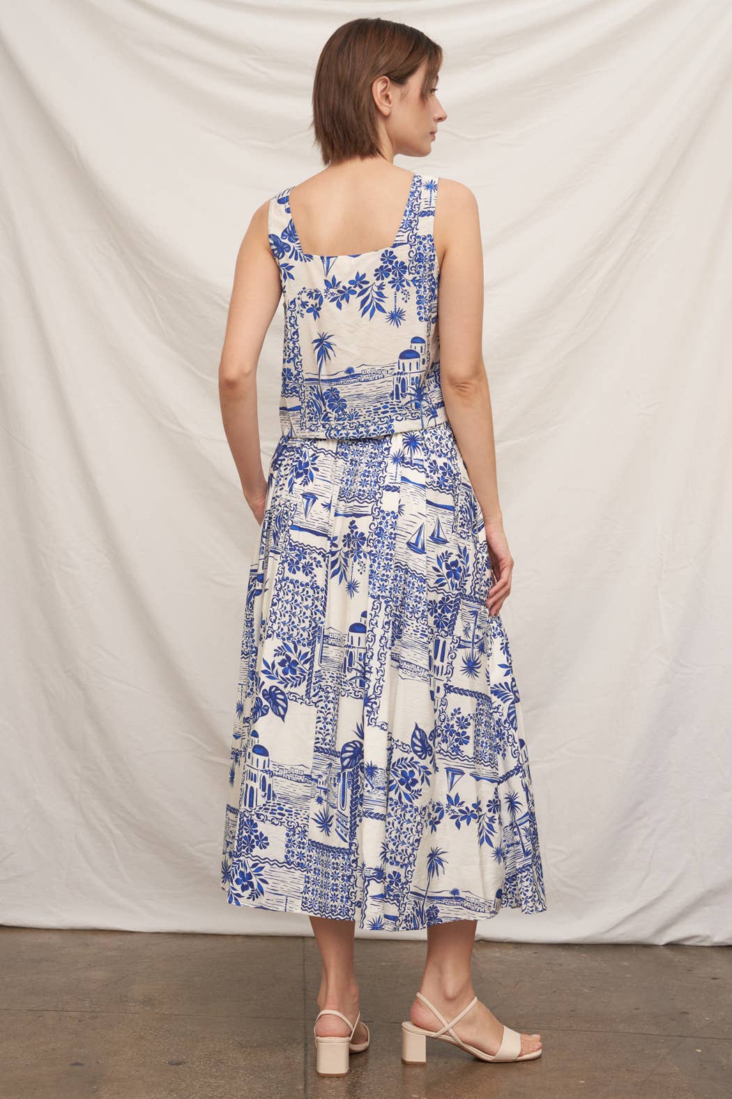 Printed Button Down Midi Skirt : White Blue