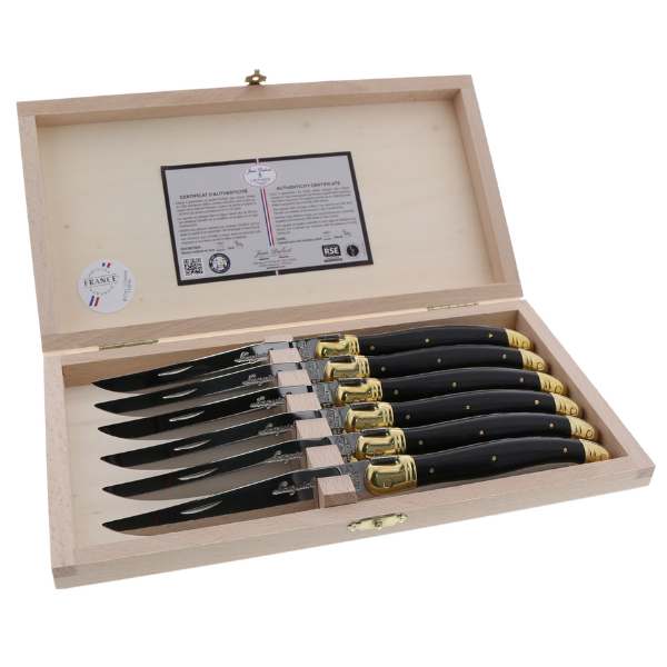 Jean Dubost 6 Steak Knives Black & Brass handles Clasp Box
