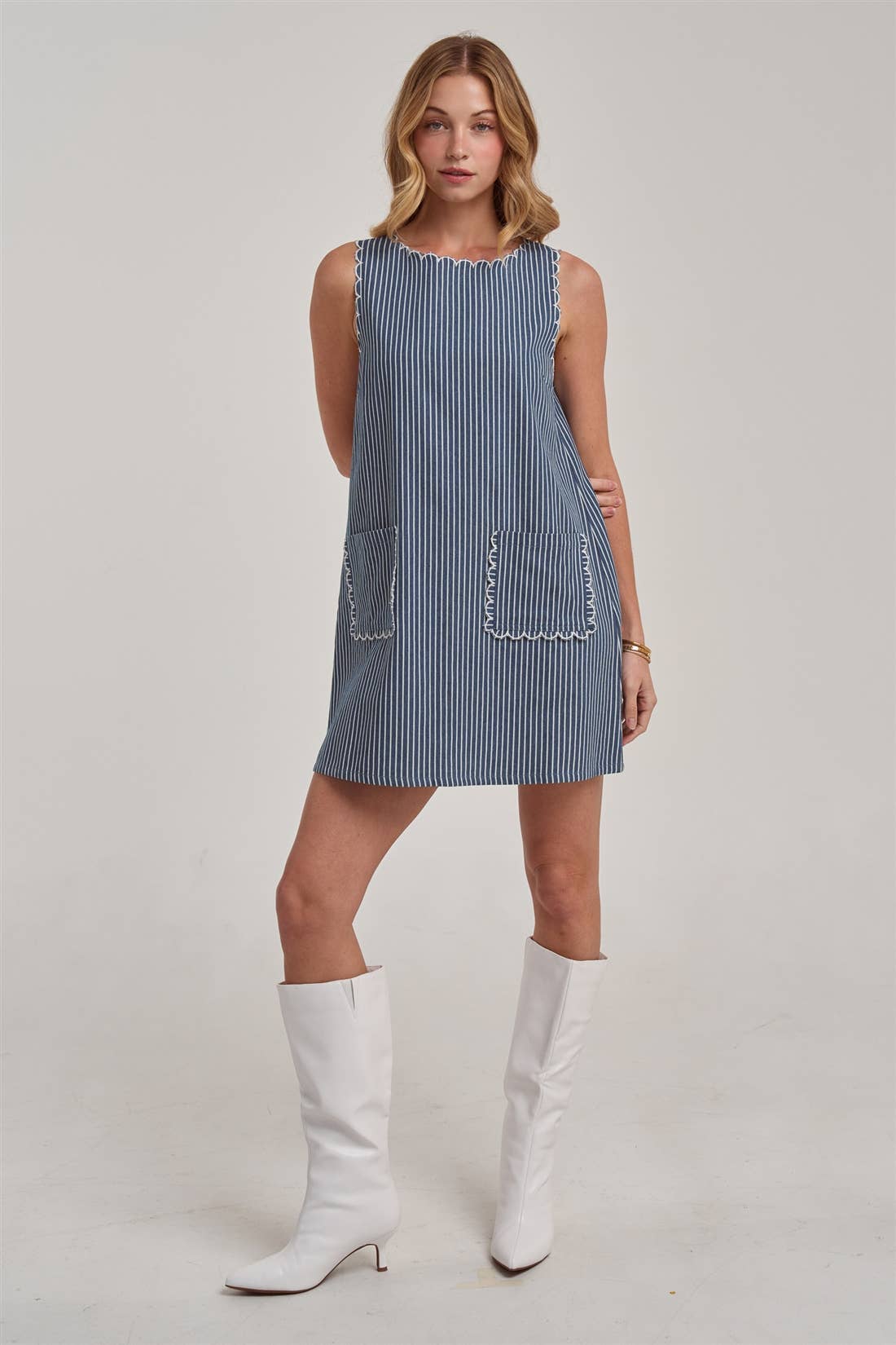 Sleeveless Stripe Denim Mini Dress With Scalloped Embroidery