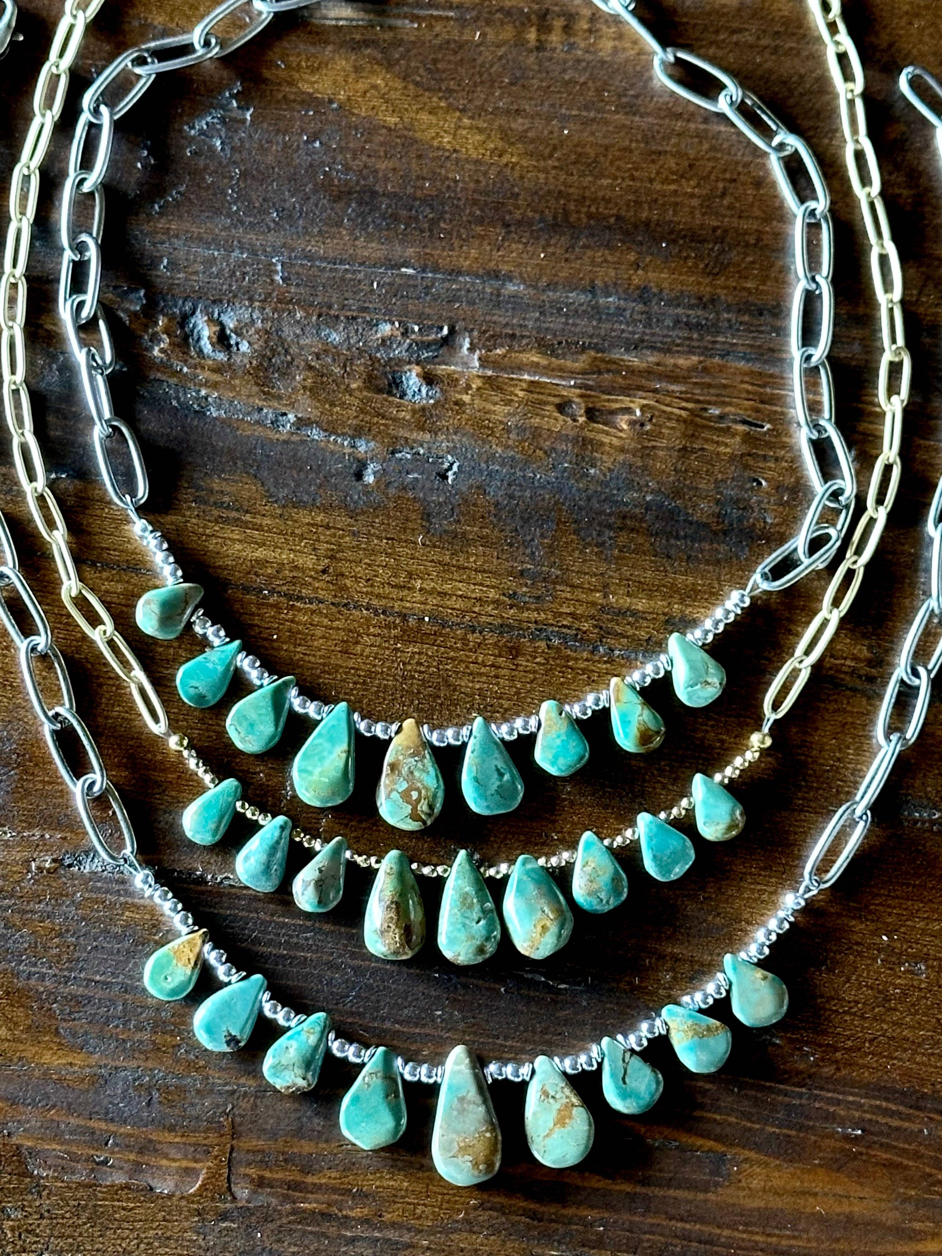 Natural turquoise Briolette Paperclip Chain Necklace/Choker: Silver