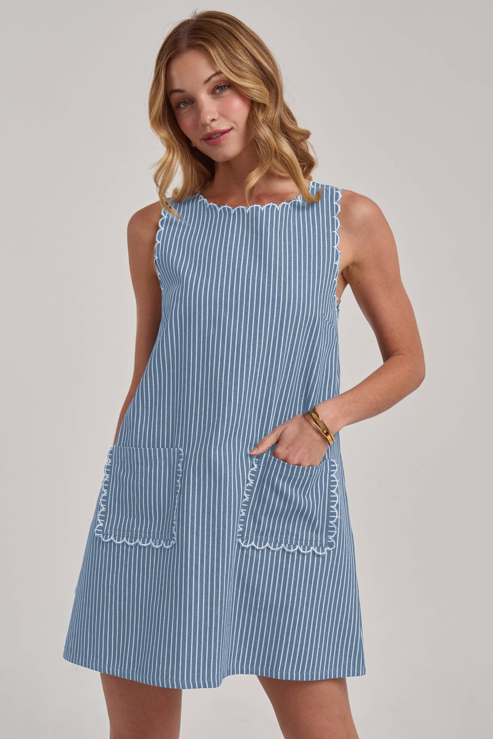 Sleeveless Stripe Denim Mini Dress With Scalloped Embroidery