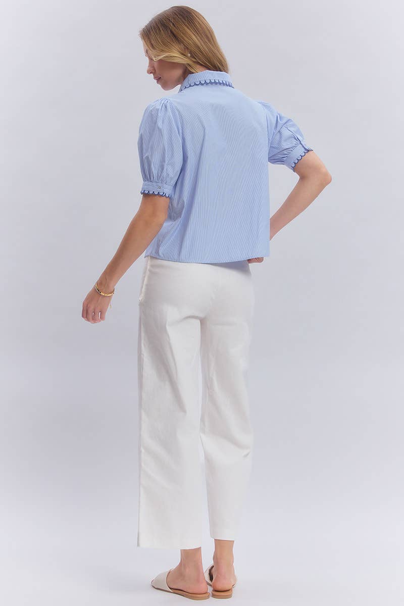 Pin Stripe Blouse Top With Scallop Edge Stitching Detail
