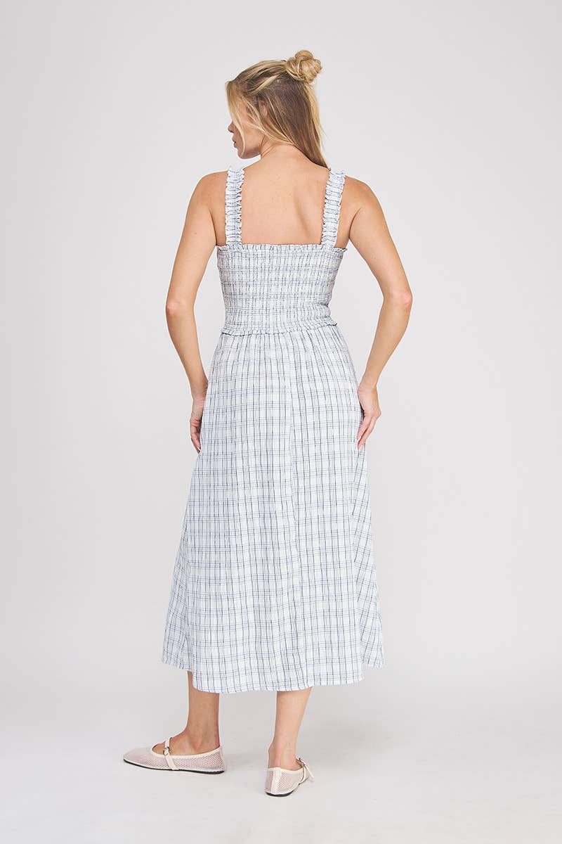 Plaid Print Smocked Midi Dress: BLUE