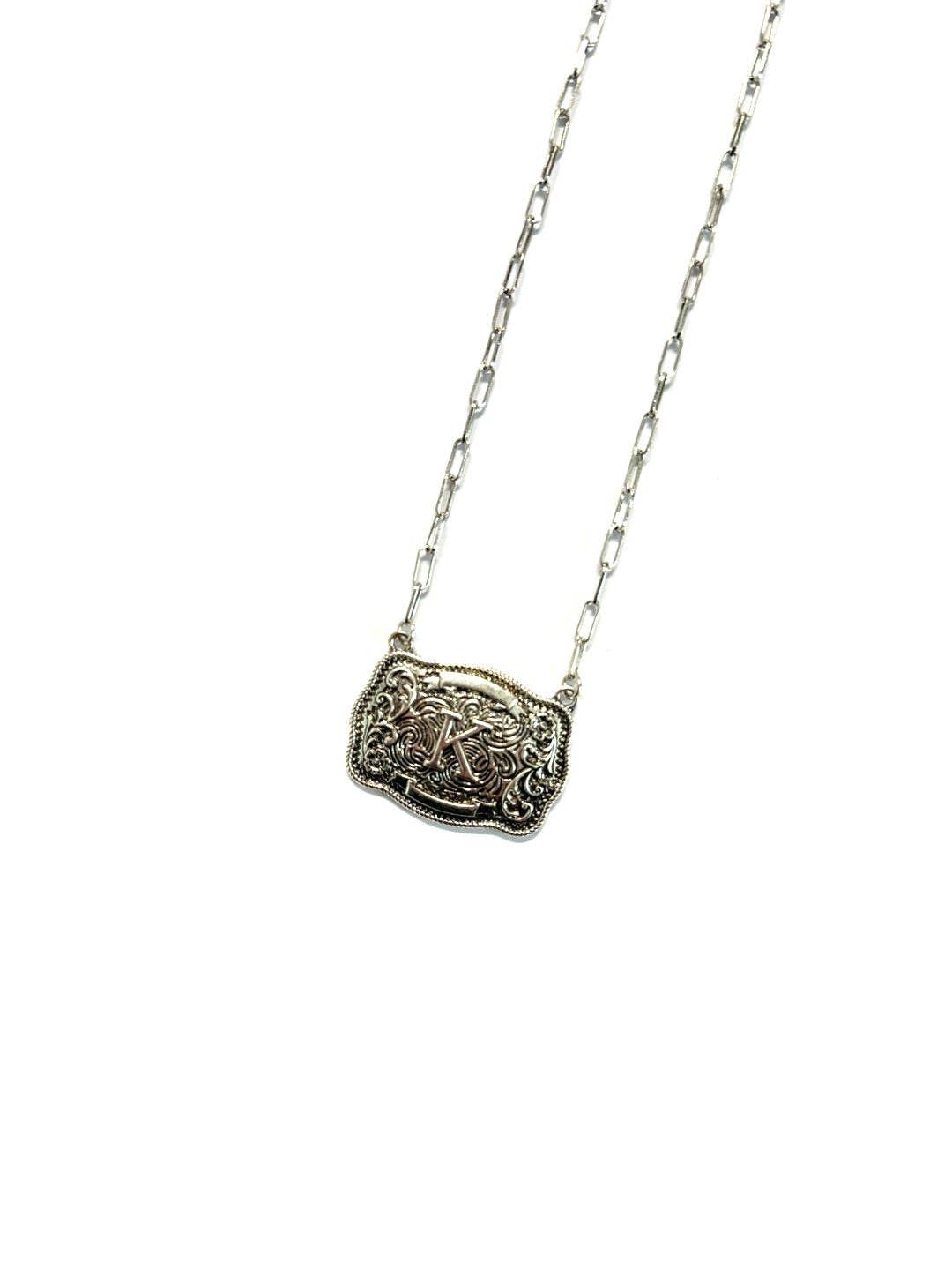 Western Belt Buckle Initial Necklace: E