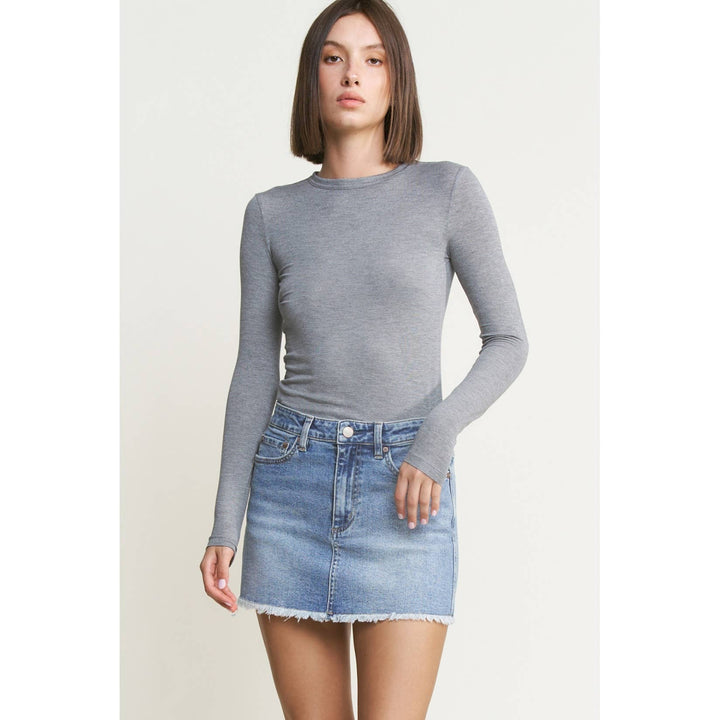Denim Mini Skirt with Raw Hem: Cyan-Light Blue