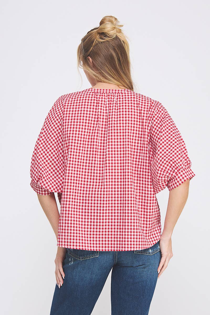Gingham Cotton Blend Blouse: Red