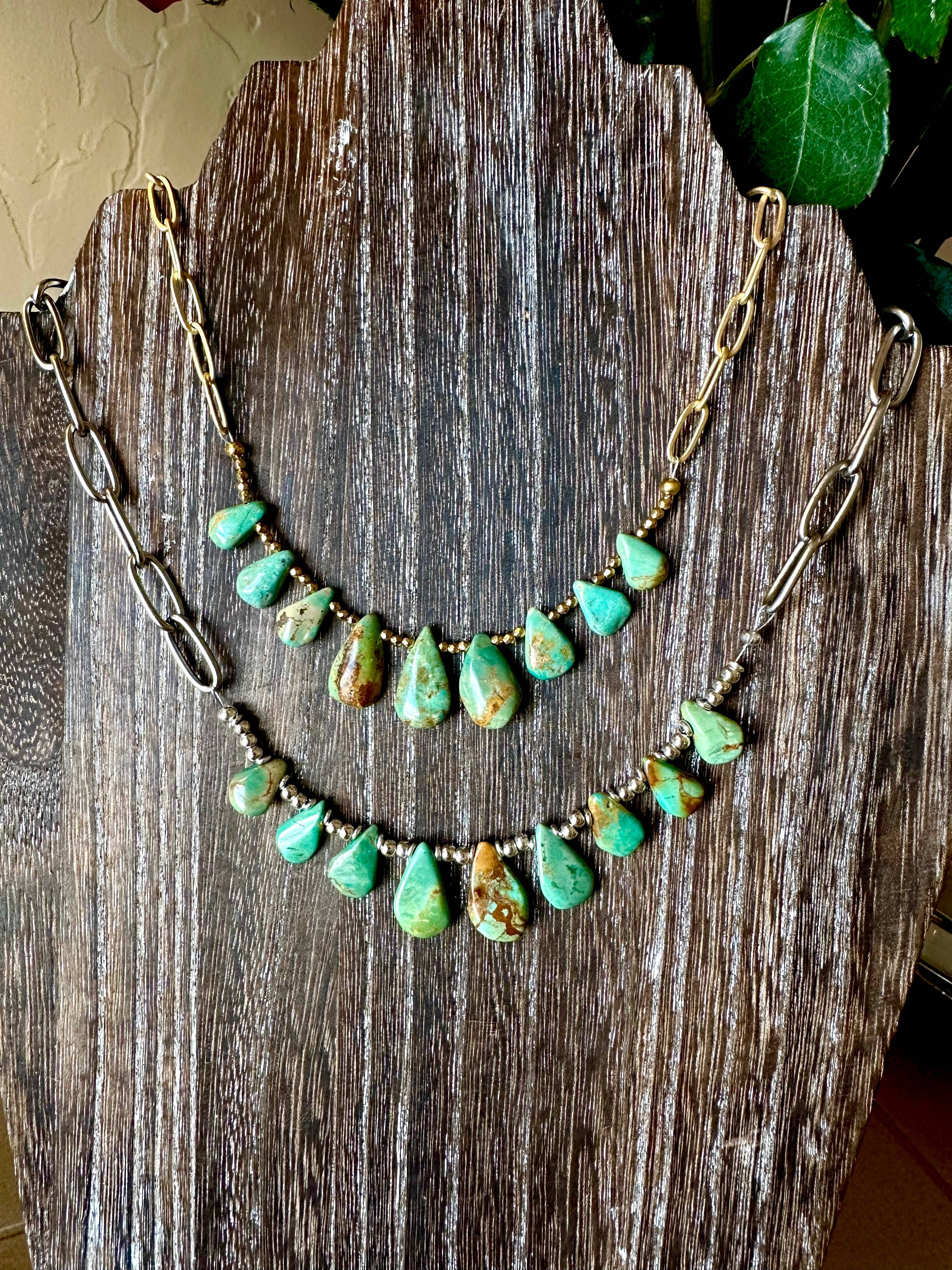 Natural turquoise Briolette Paperclip Chain Necklace/Choker: Silver