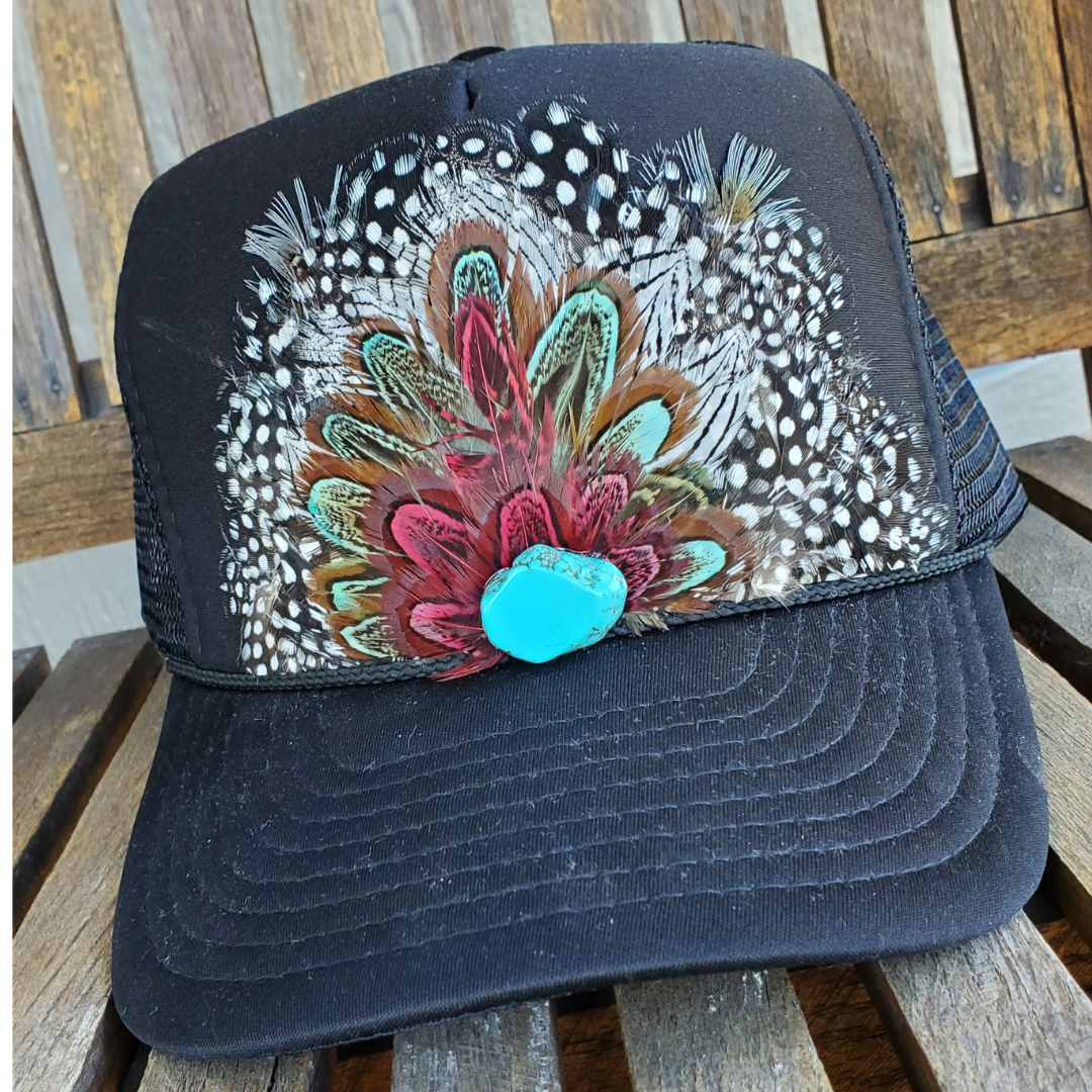 Western Feather Trucker Hat Retro Feather Trucker Hat: Black on black