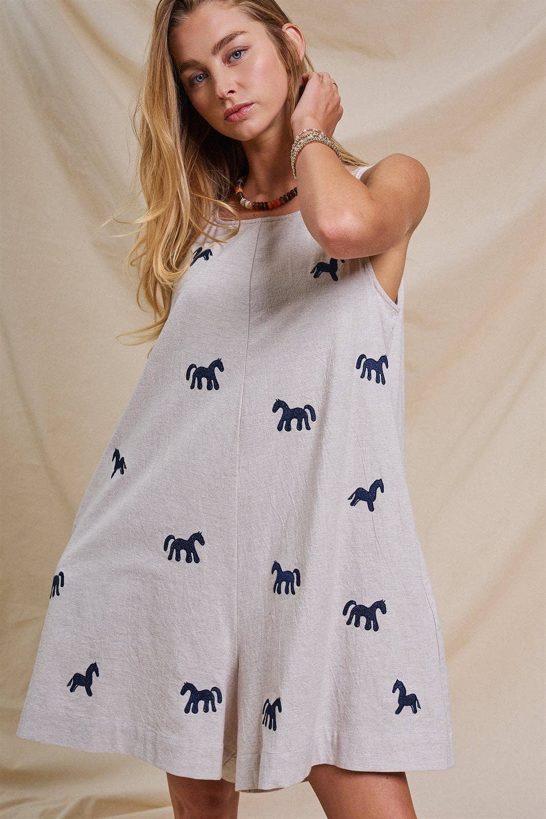 Embroidered Pony Cotton Linen Sleeveless Romper Linen