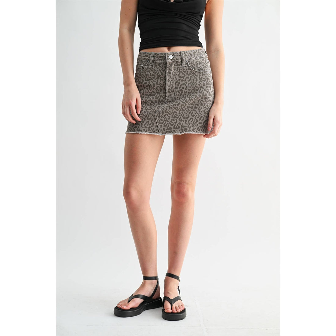 High Rise Raw Hem Mini Skirt Leopard: Ash Brown