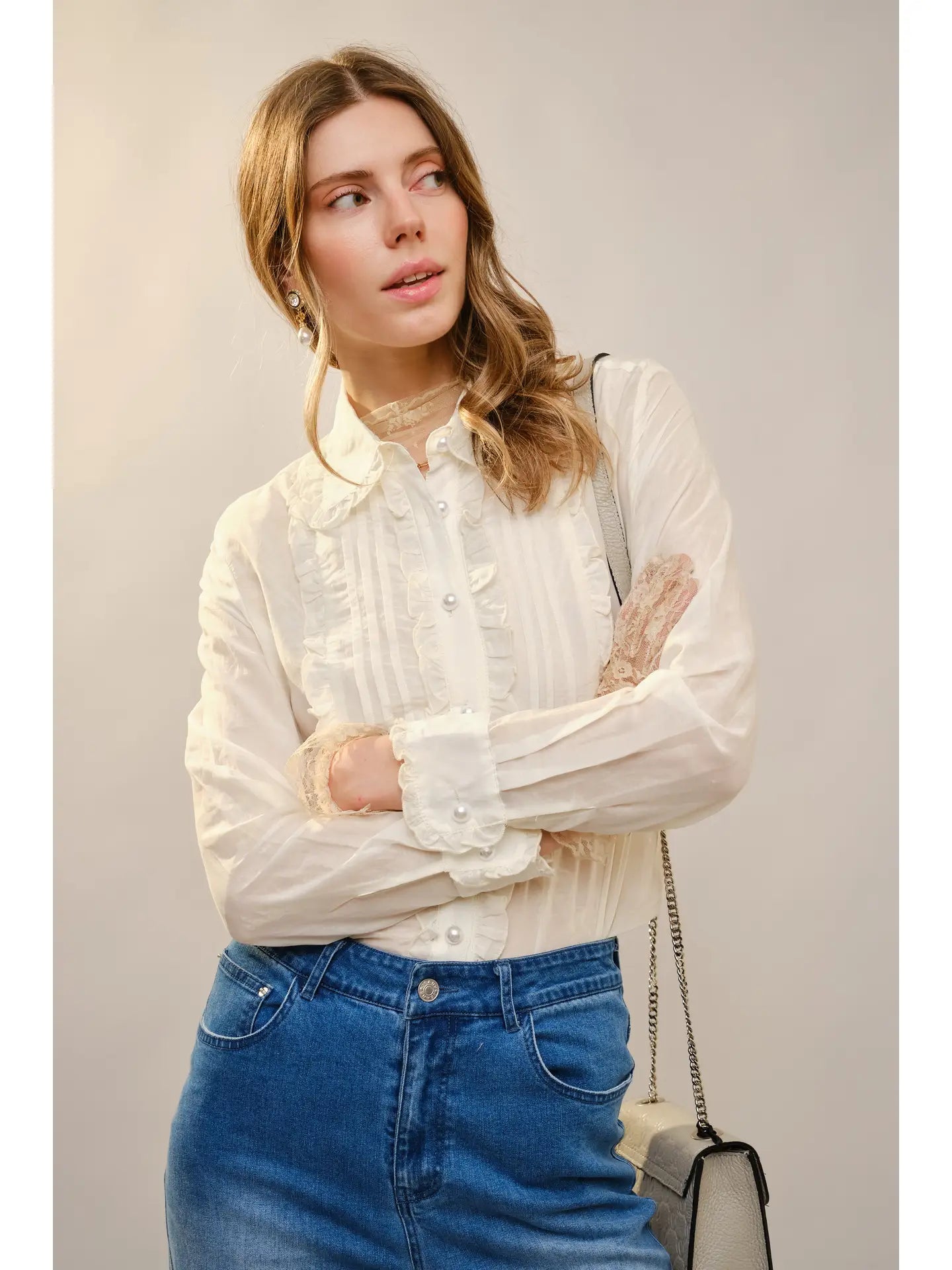 Ruffle Pleated Pearl Button Blouse