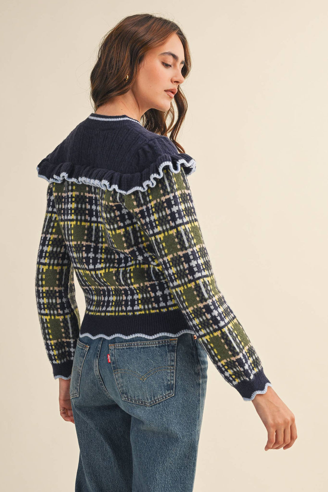RUFFLED YOKE PLAID SWEATER CARDIGAN