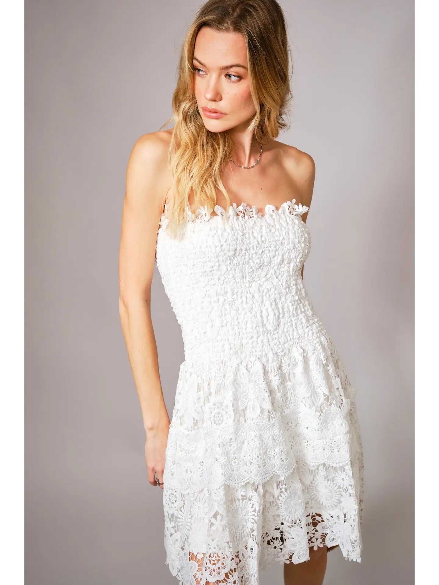 Strapless Shirred Guipure Lace Mini Dress