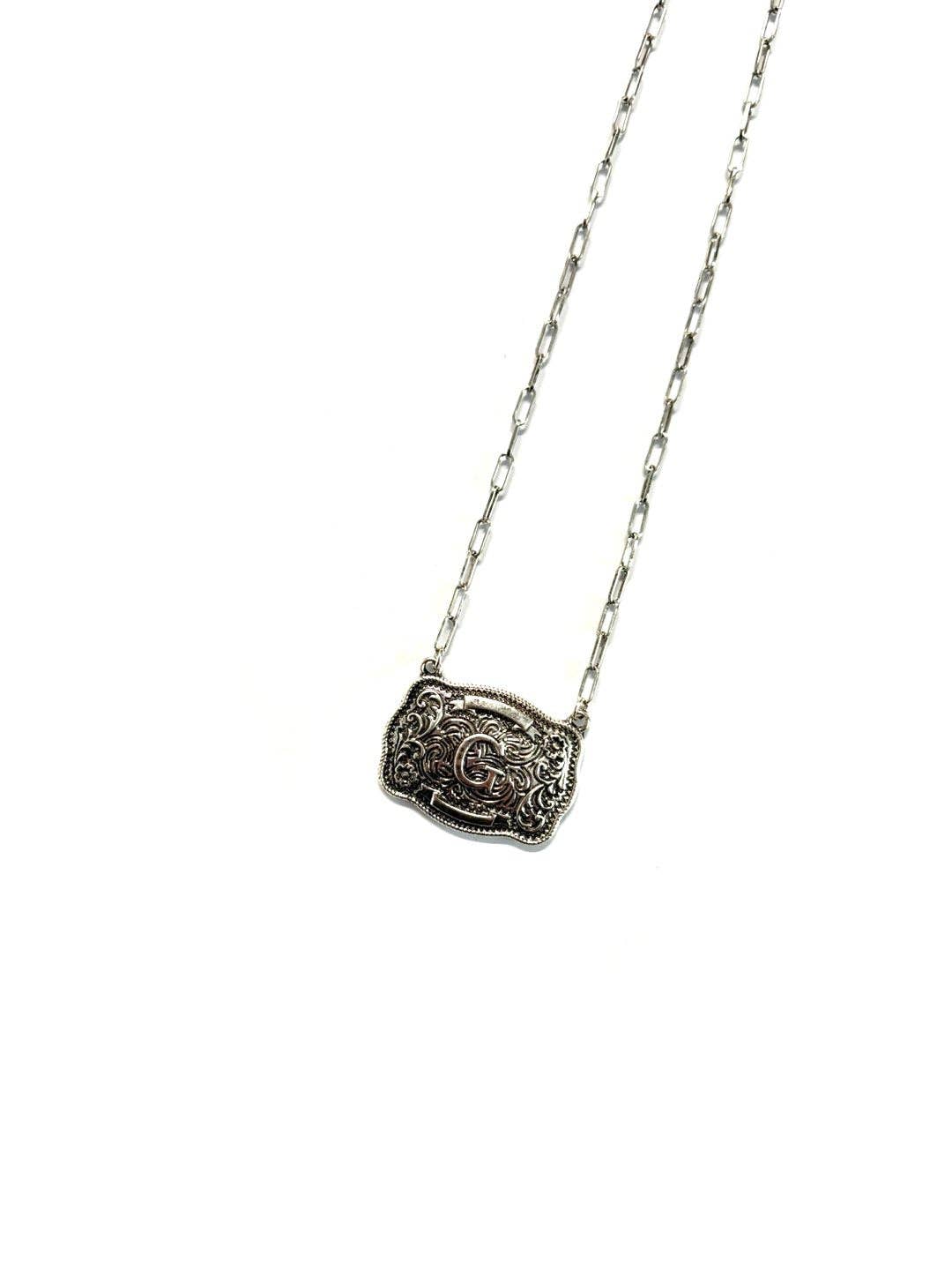 Western Belt Buckle Initial Necklace: J