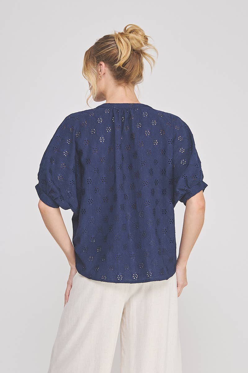 Knit eyelet mandarin button front elbow sleeve dolman: Navy