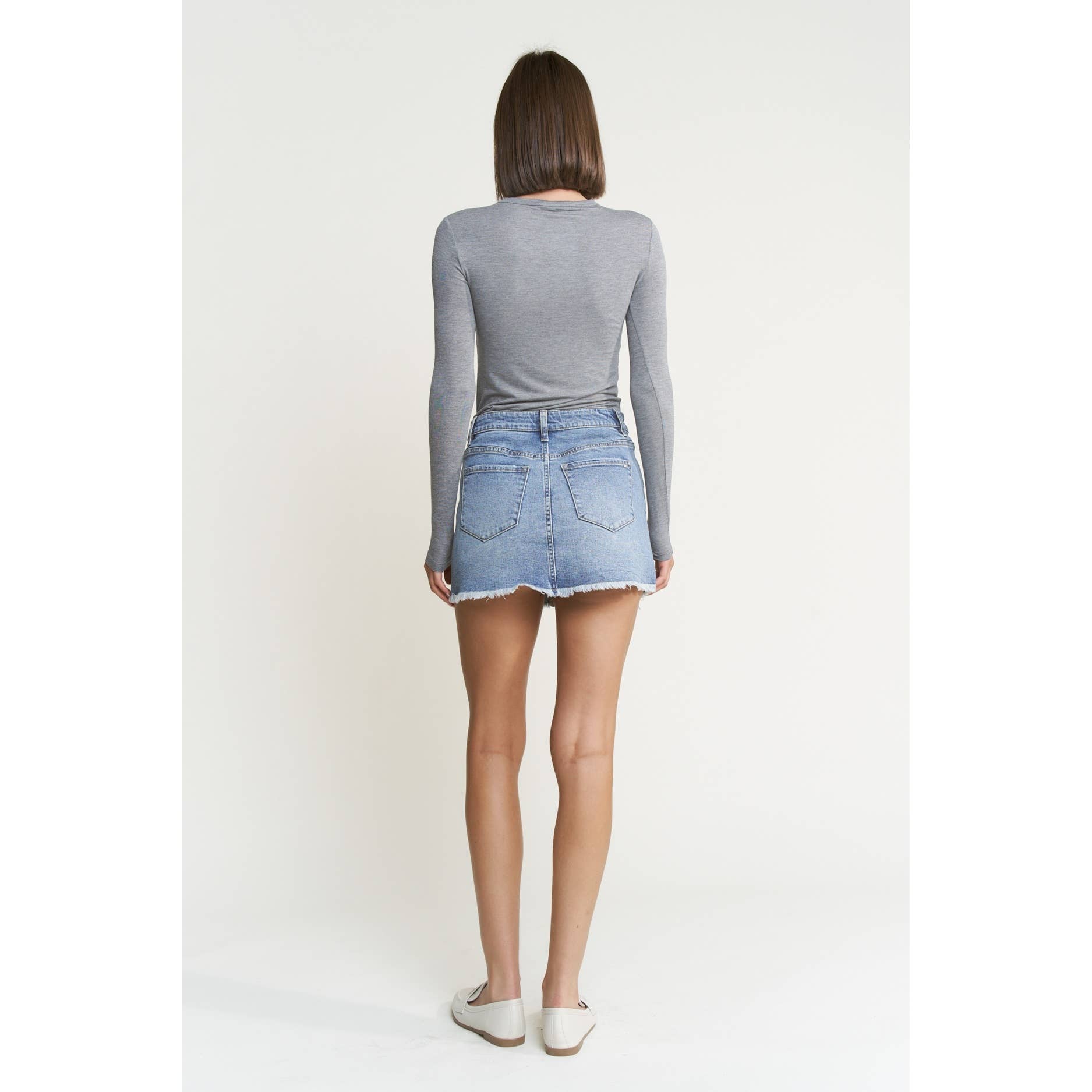 Denim Mini Skirt with Raw Hem: Cyan-Light Blue