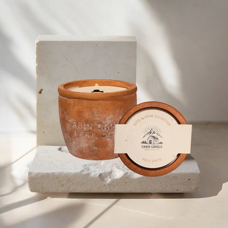 12 oz Plant Pot Scented Candle, Terra cotta pot, Seed Label: Flourish