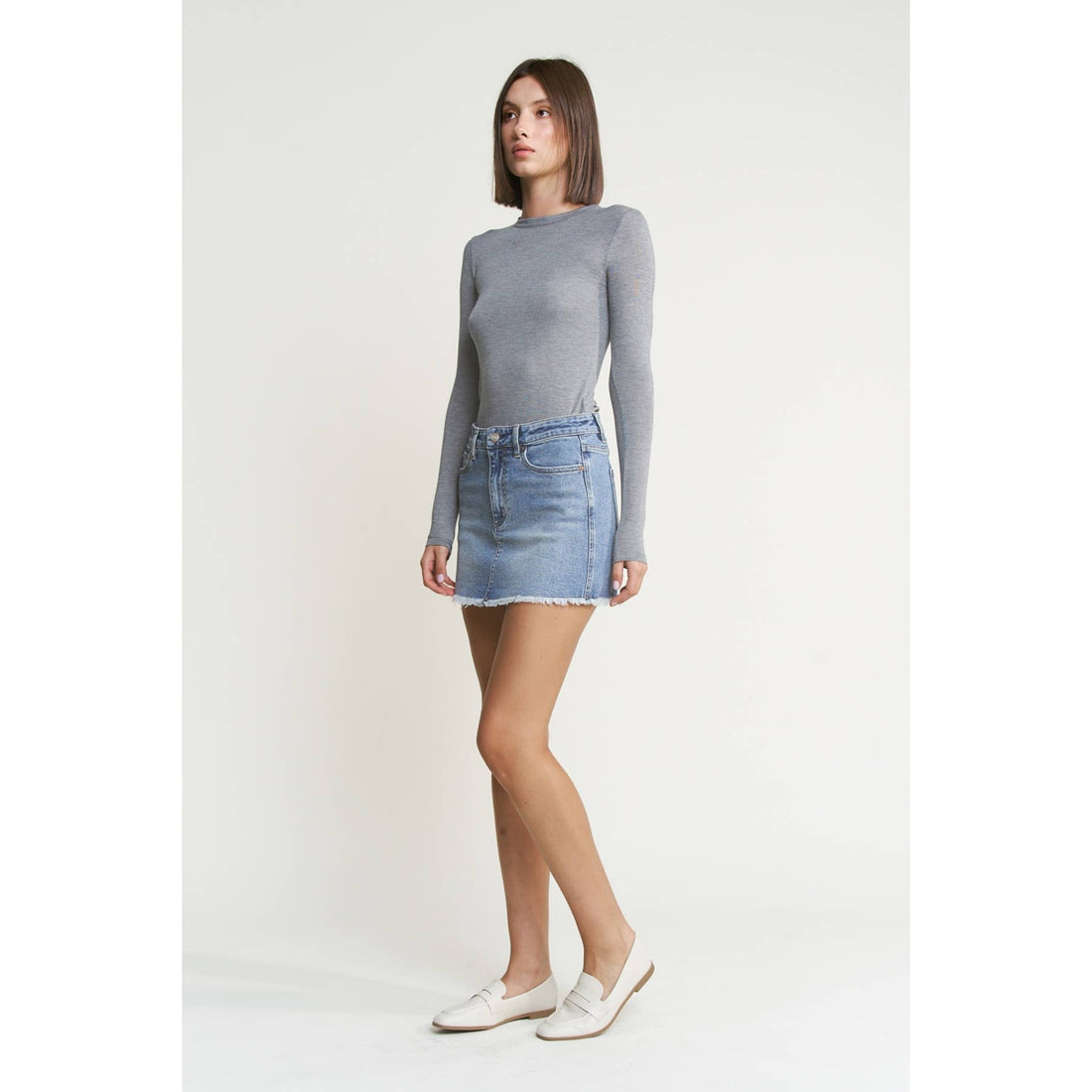 Denim Mini Skirt with Raw Hem: Cyan-Light Blue