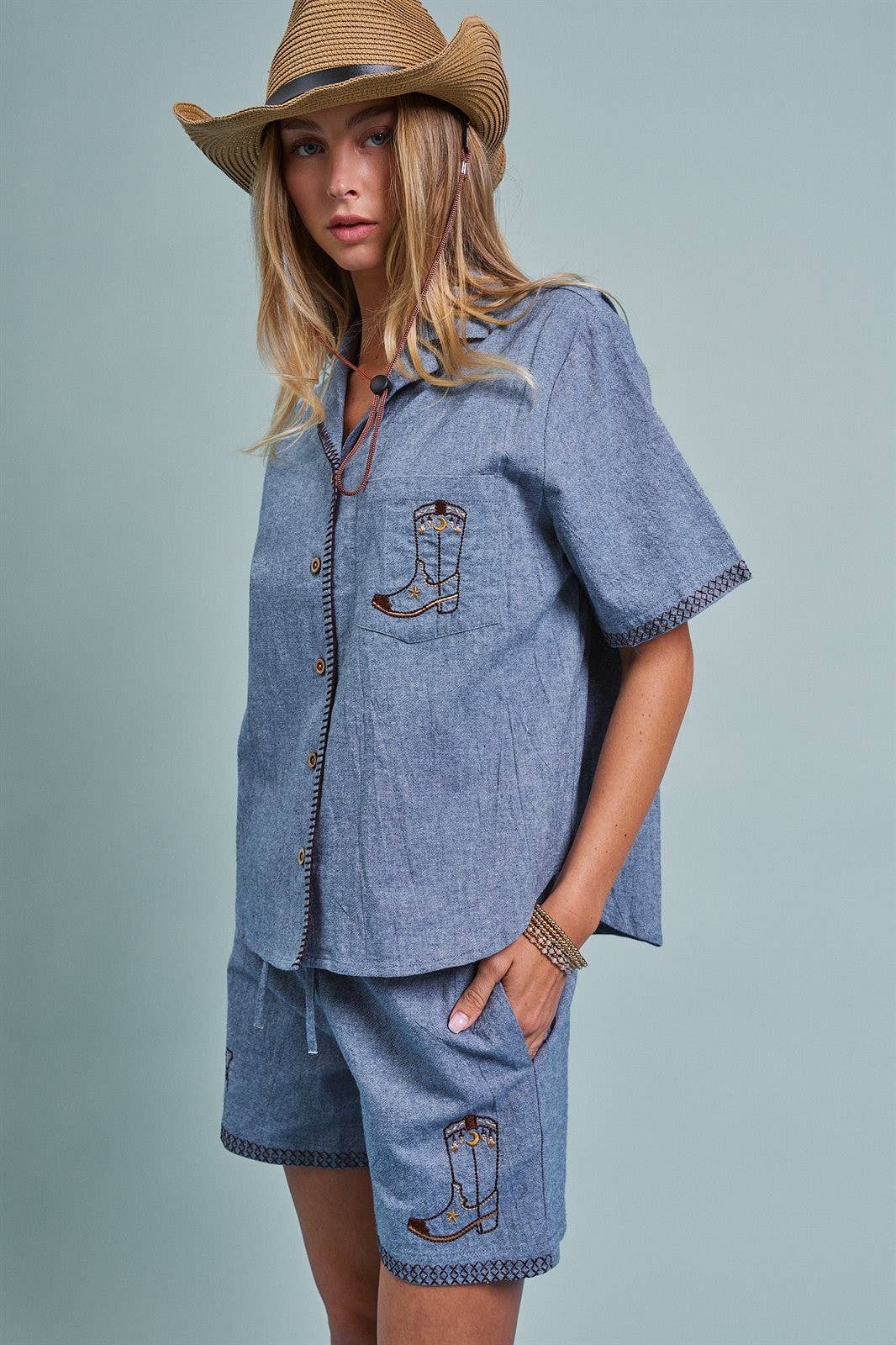 Western Boot Embroidered Pocket Shirt