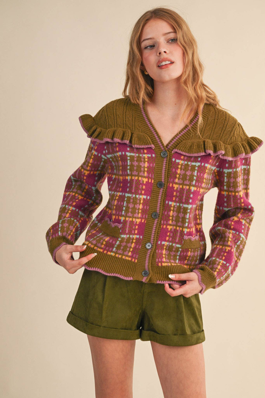 RUFFLED YOKE PLAID SWEATER CARDIGAN