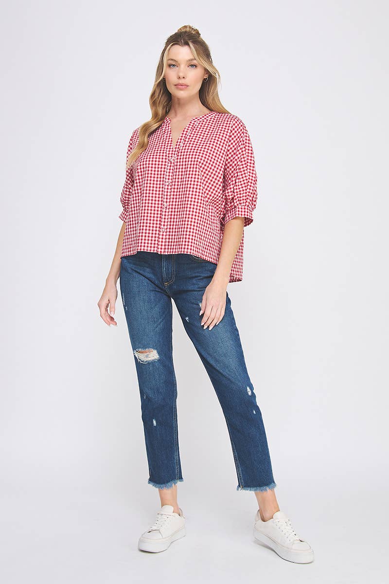 Gingham Cotton Blend Blouse: Red