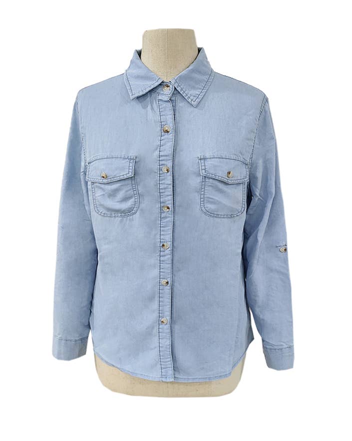 Lapel Single-Breasted Long-Sleeved Denim Shirt: DarkBlue