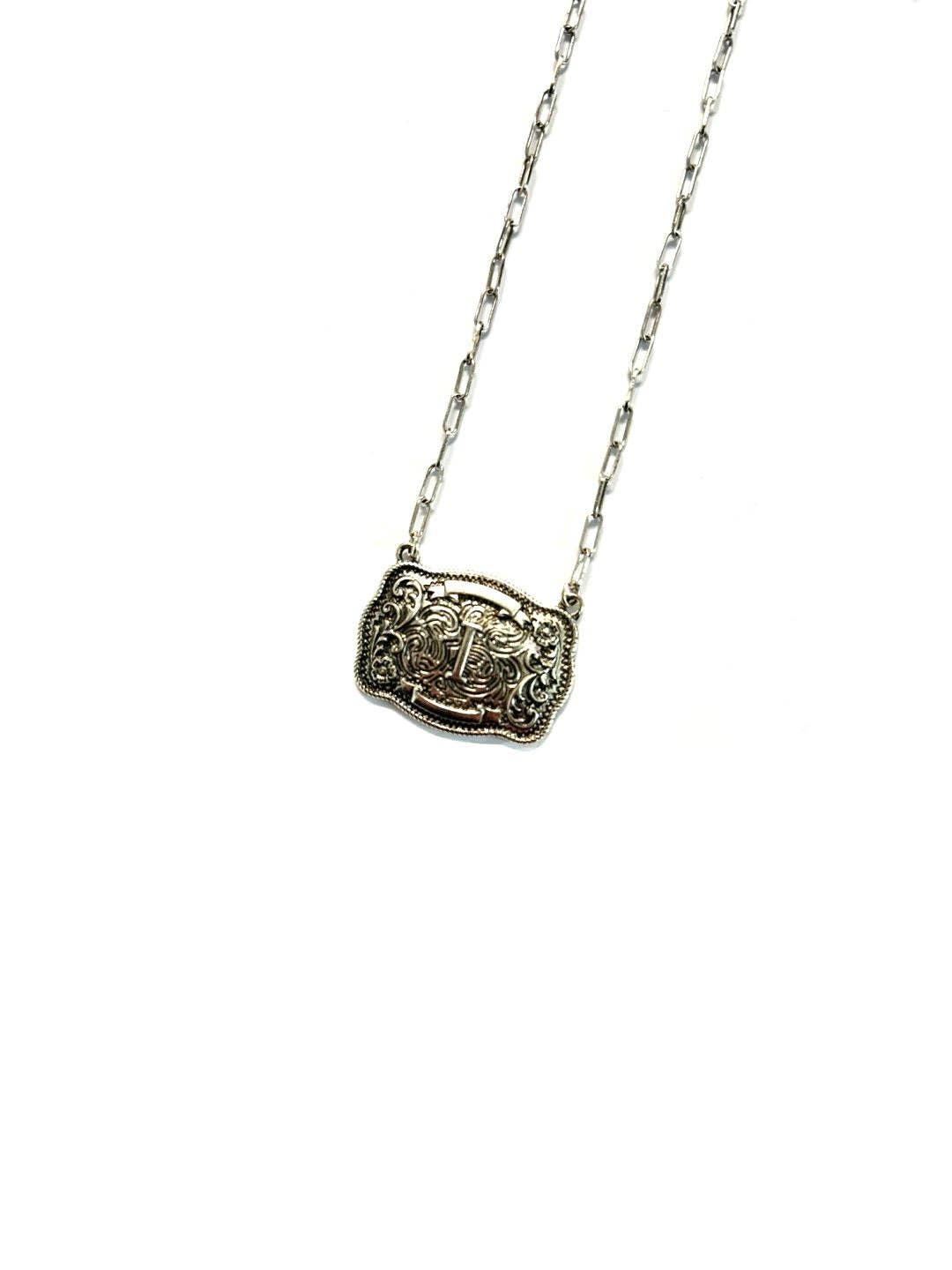 Western Belt Buckle Initial Necklace: H