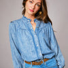 Ruffle Neck Denim Snap Button Shirt