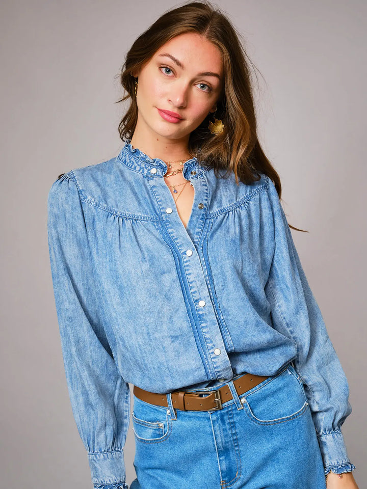 Ruffle Neck Denim Snap Button Shirt