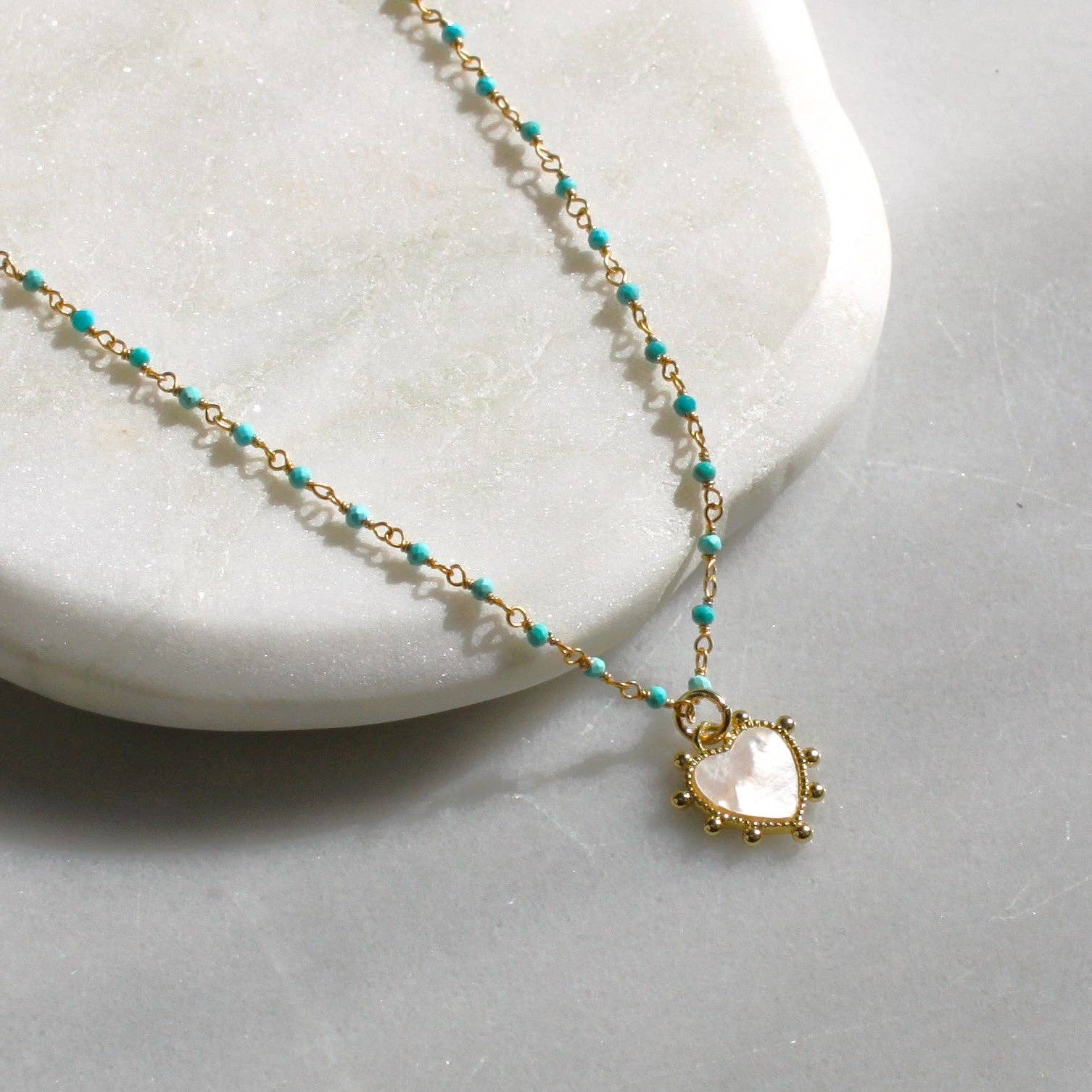Turquoise Rosary and Heart Pendant Necklace: 16 inch