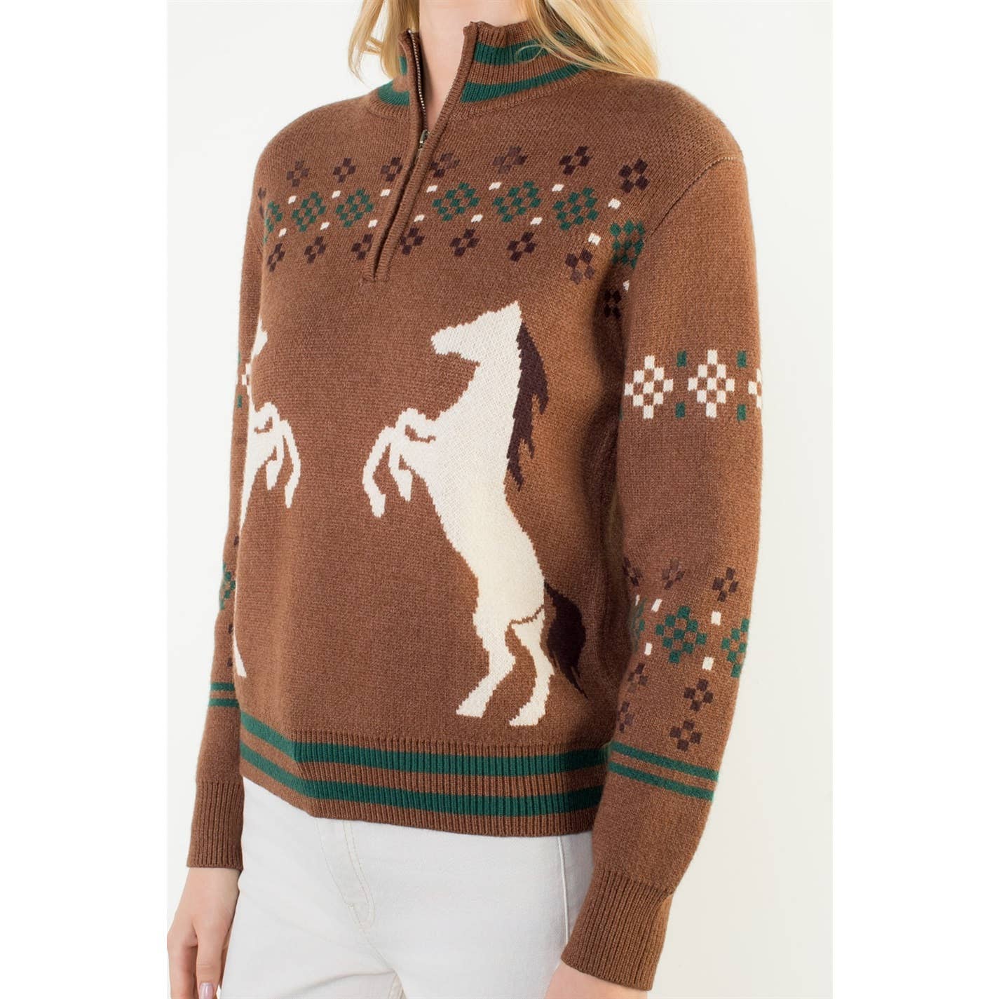 Horse Knit Half Up Zipper Sweater: BROWN