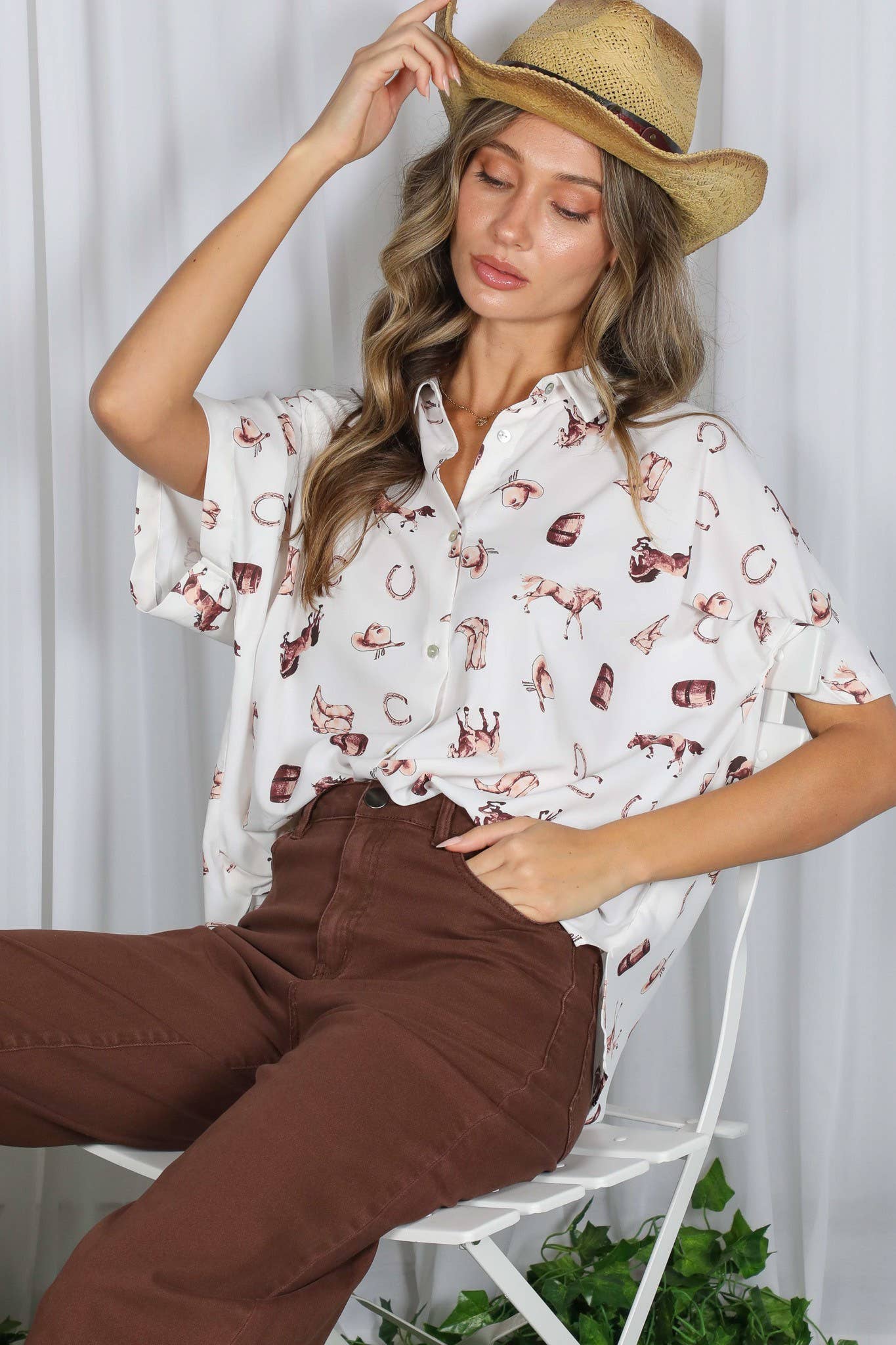 Western-Inspired Collared Button Front Shirt Top Cream/Brown