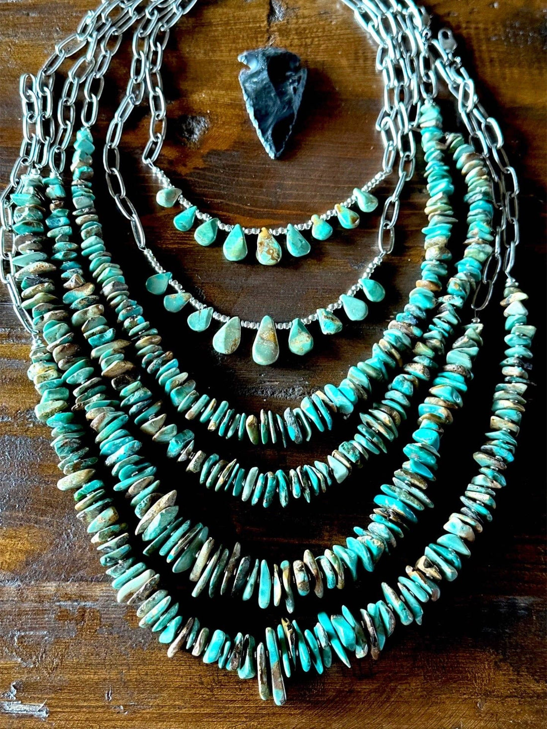 Natural turquoise Briolette Paperclip Chain Necklace/Choker: Silver