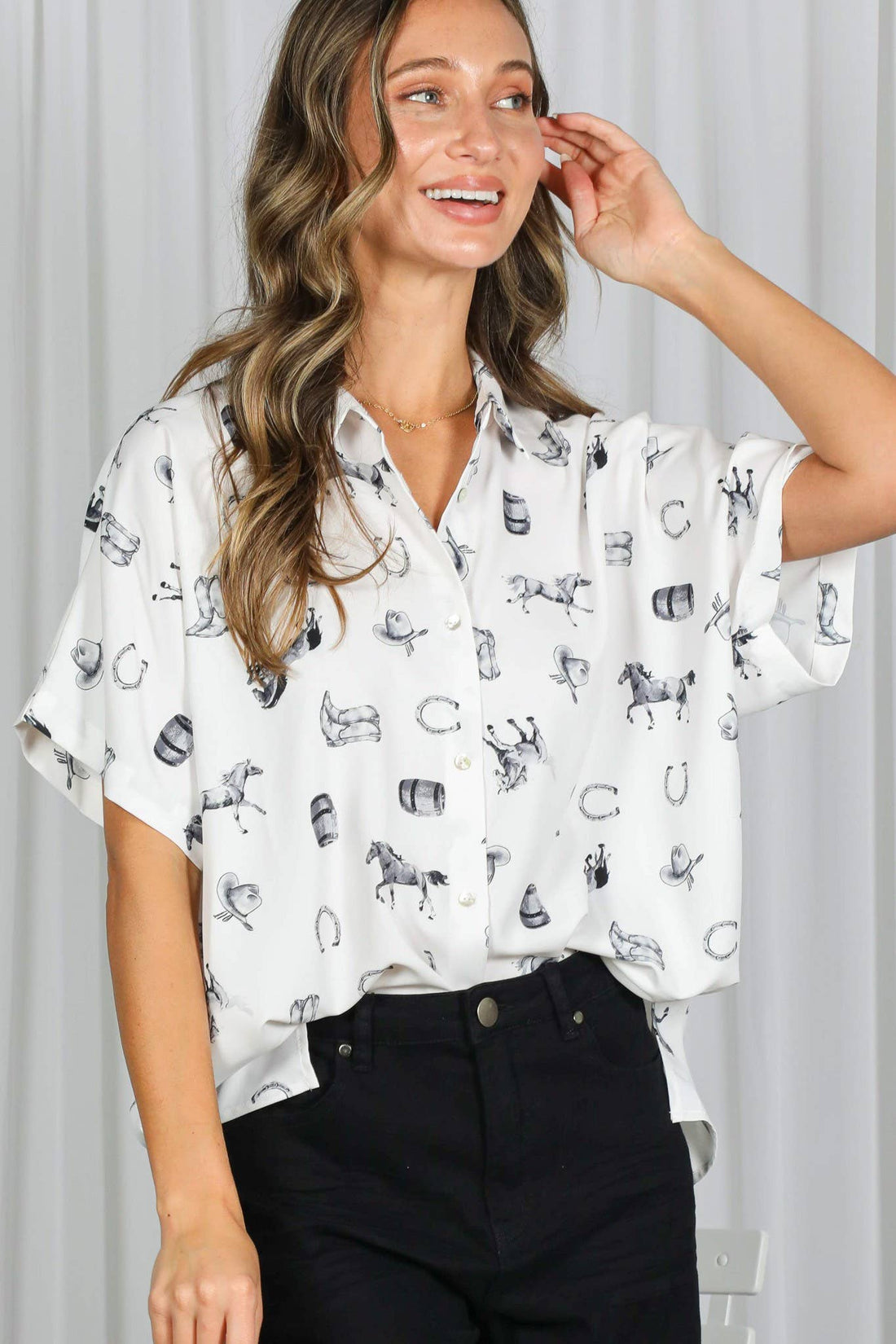 Western-Inspired Collared Button Front Shirt Top Cream/Brown