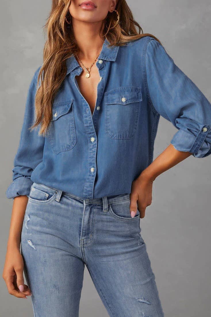 Lapel Single-Breasted Long-Sleeved Denim Shirt: DarkBlue