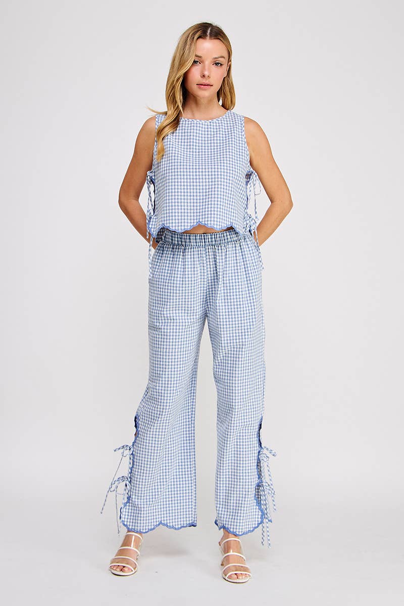 Woven Gingham Tank with Scallop Edges and Side Ties: Blue
