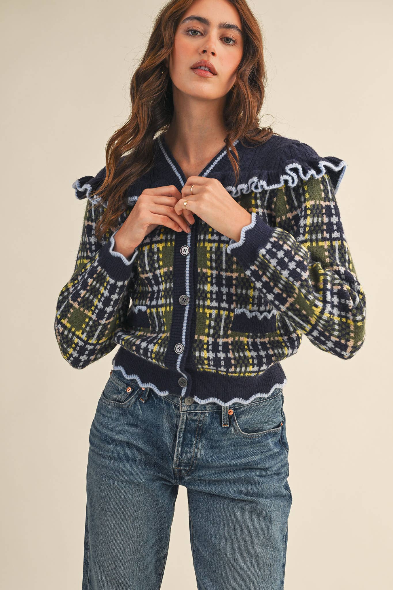 RUFFLED YOKE PLAID SWEATER CARDIGAN