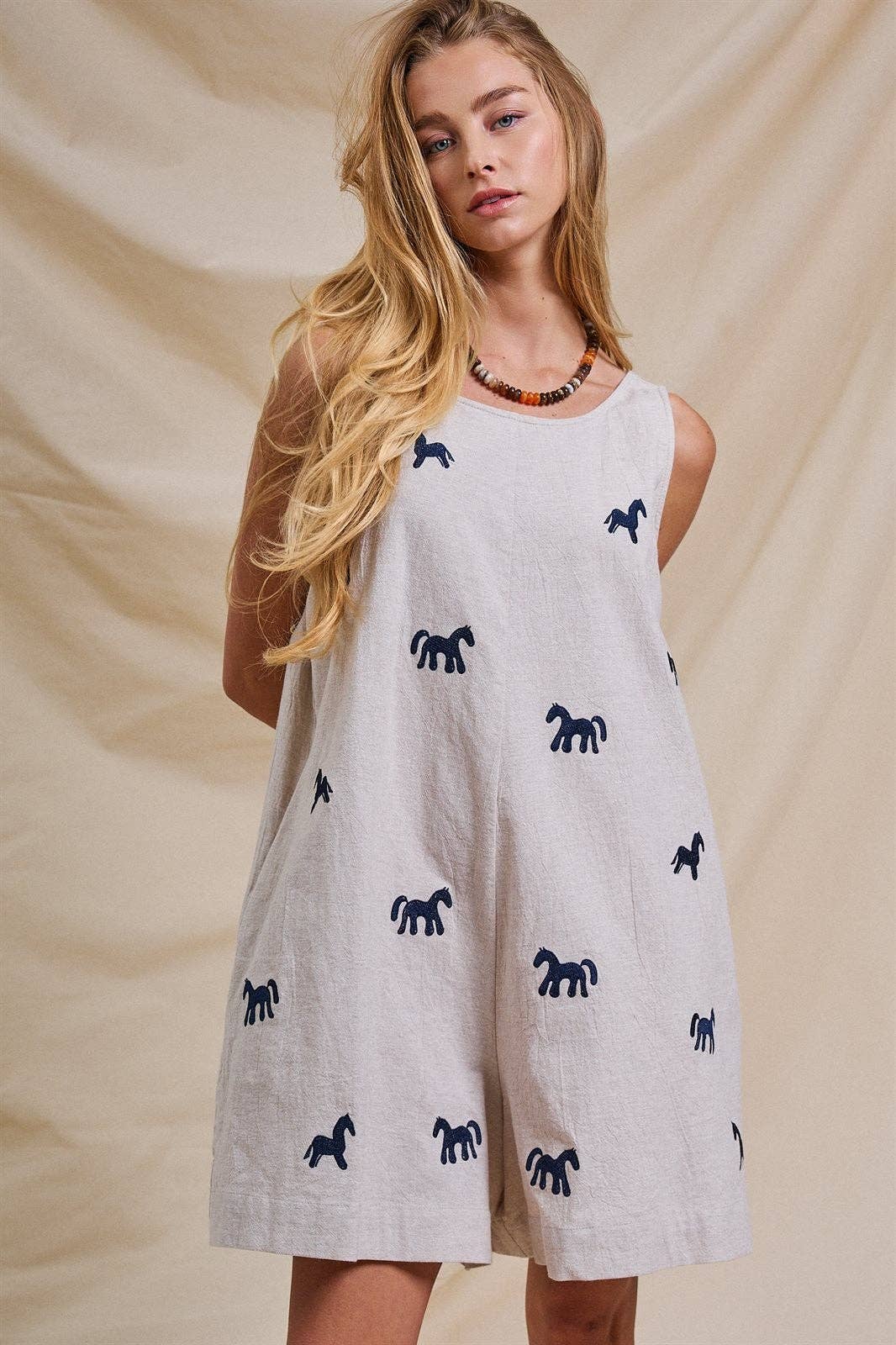 Embroidered Pony Cotton Linen Sleeveless Romper Linen