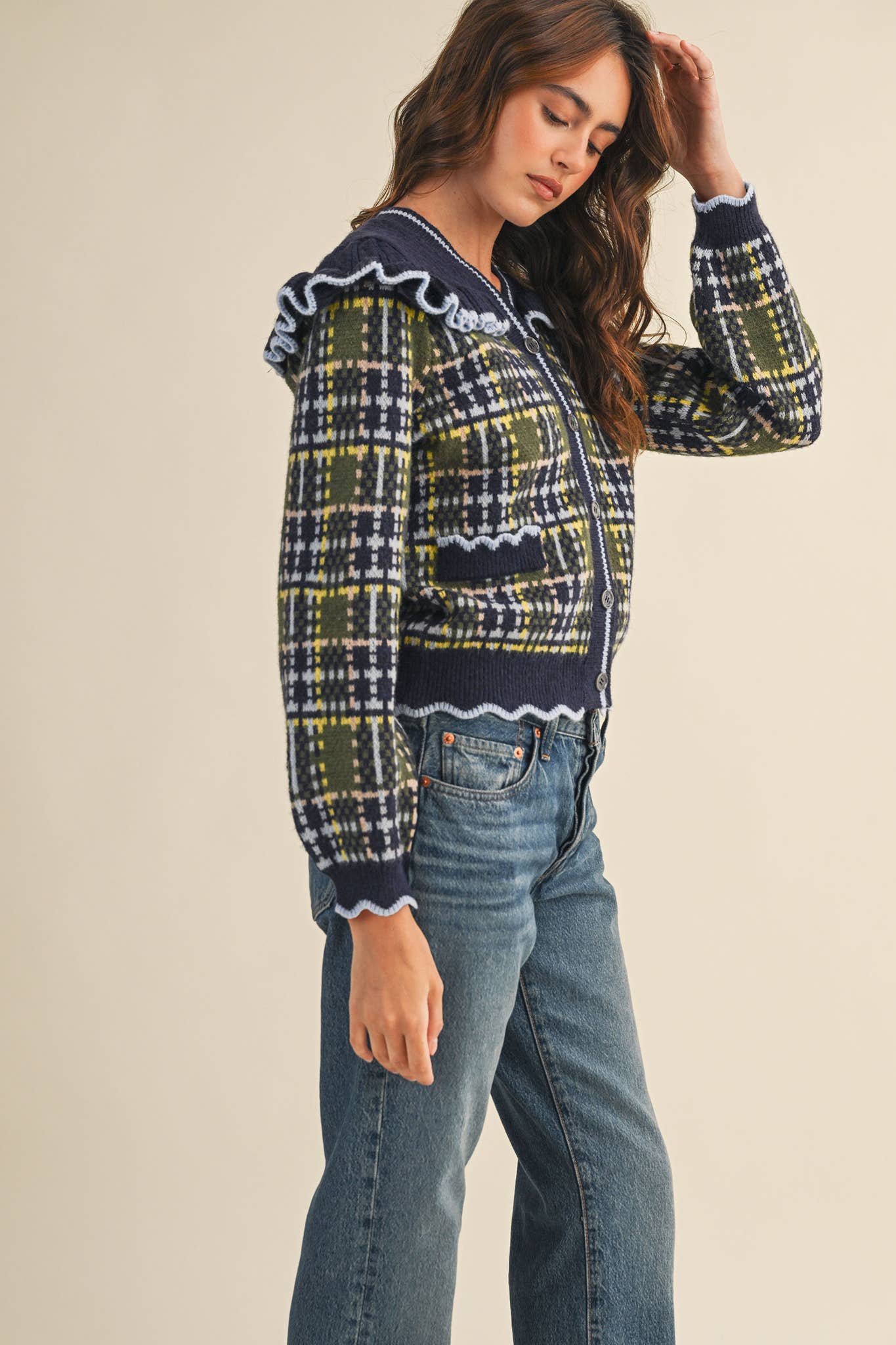 RUFFLED YOKE PLAID SWEATER CARDIGAN