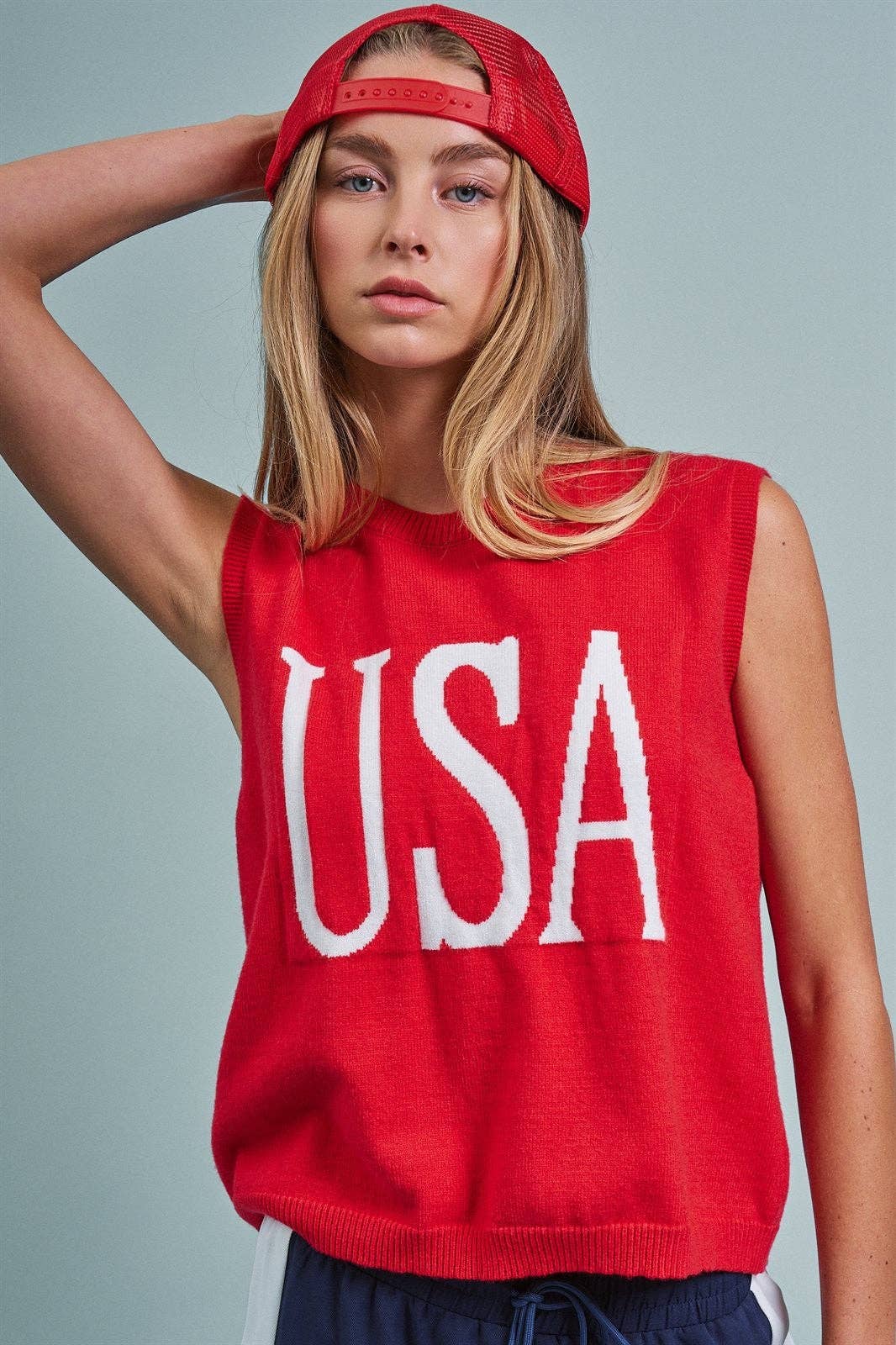 USA Graphic Knit Sleeveless Tank Top: Red