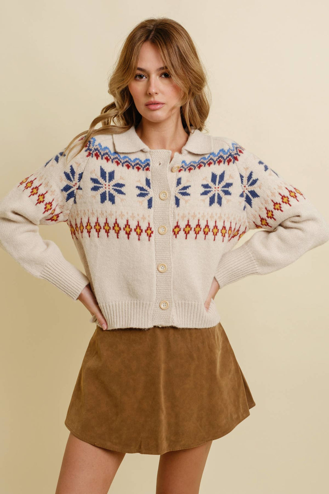 SNOWFLAKE BUTTON UP SWEATER