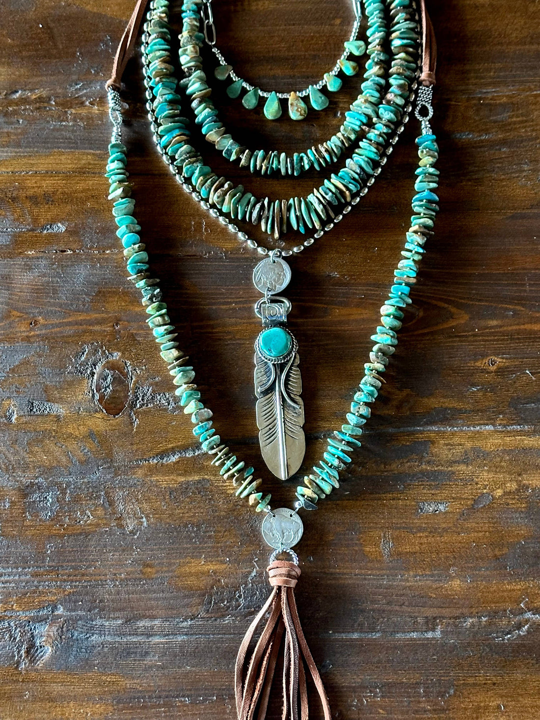 Feather Necklace, Silver Feather, Turquoise, Buffalo Nickel