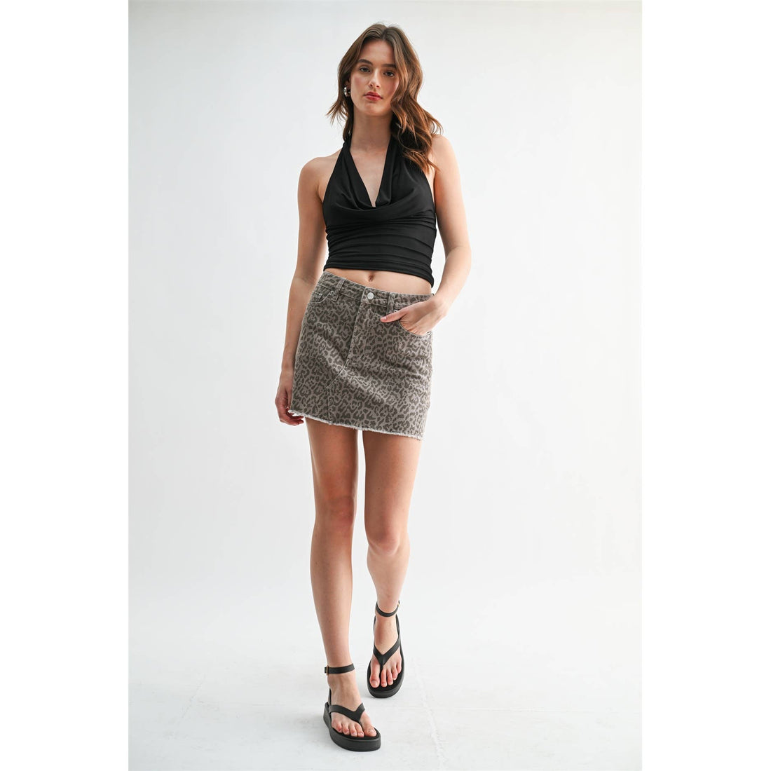 High Rise Raw Hem Mini Skirt Leopard: Ash Brown