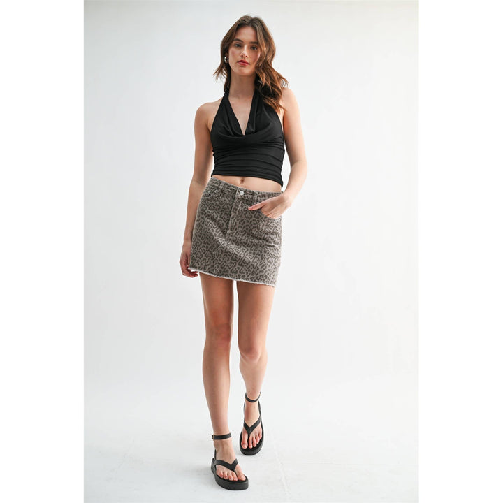 High Rise Raw Hem Mini Skirt Leopard: Ash Brown
